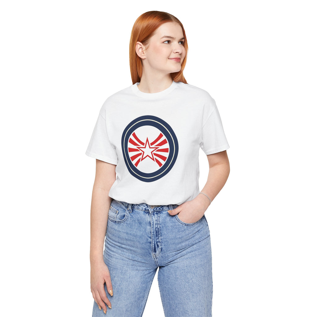 Patriotic Starburst Tee — Red, White & Blue Round Emblem T-Shirt
