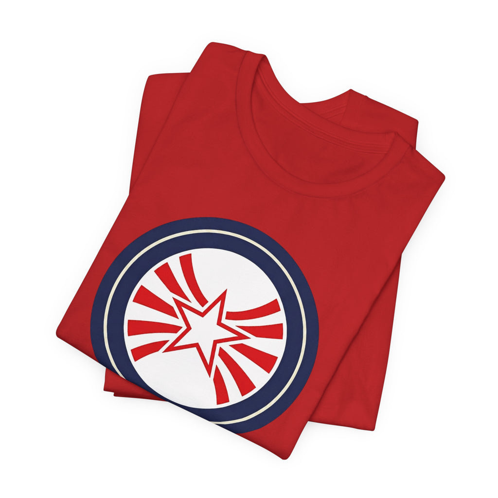 Patriotic Starburst Tee — Red, White & Blue Round Emblem T-Shirt