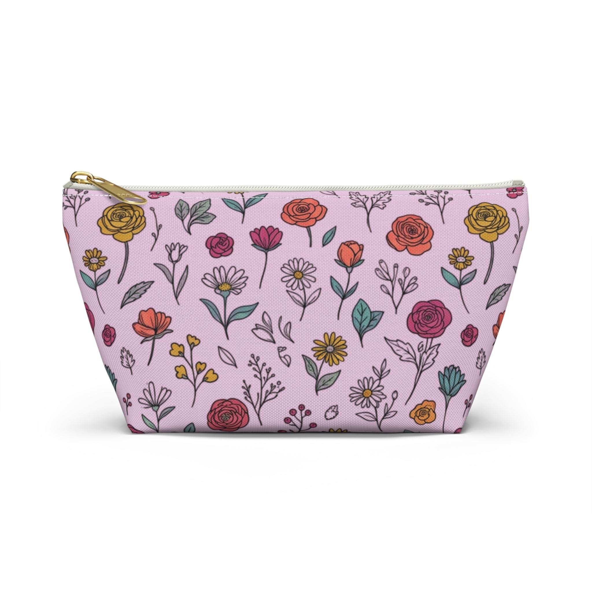 Floral Doodle Accessory Pouch in light pink with hand-drawn flowers, ideal for makeup & travel essentials. Floral doodle makeup pouch.