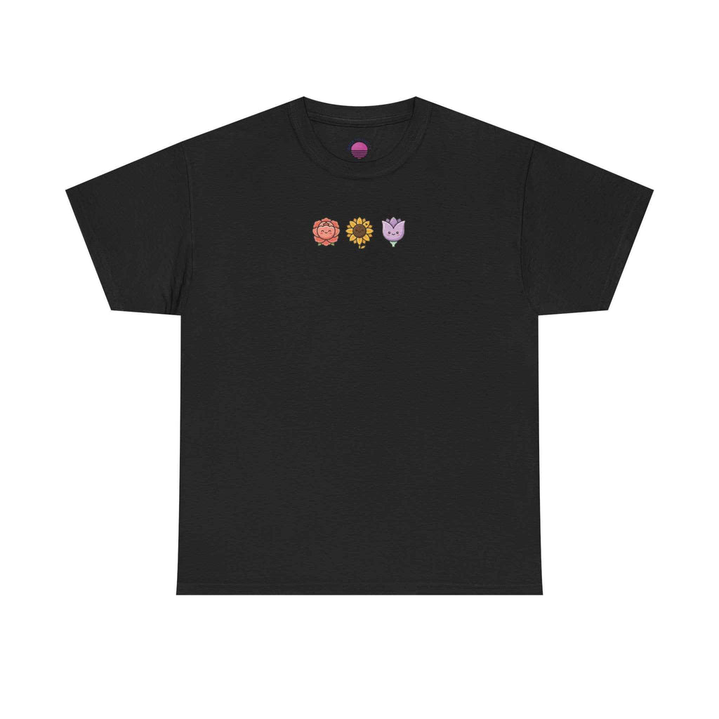 Flower Trio Tee featuring cute mini floral lion, sunflower & heart plants in a floral graphic t-shirt design.