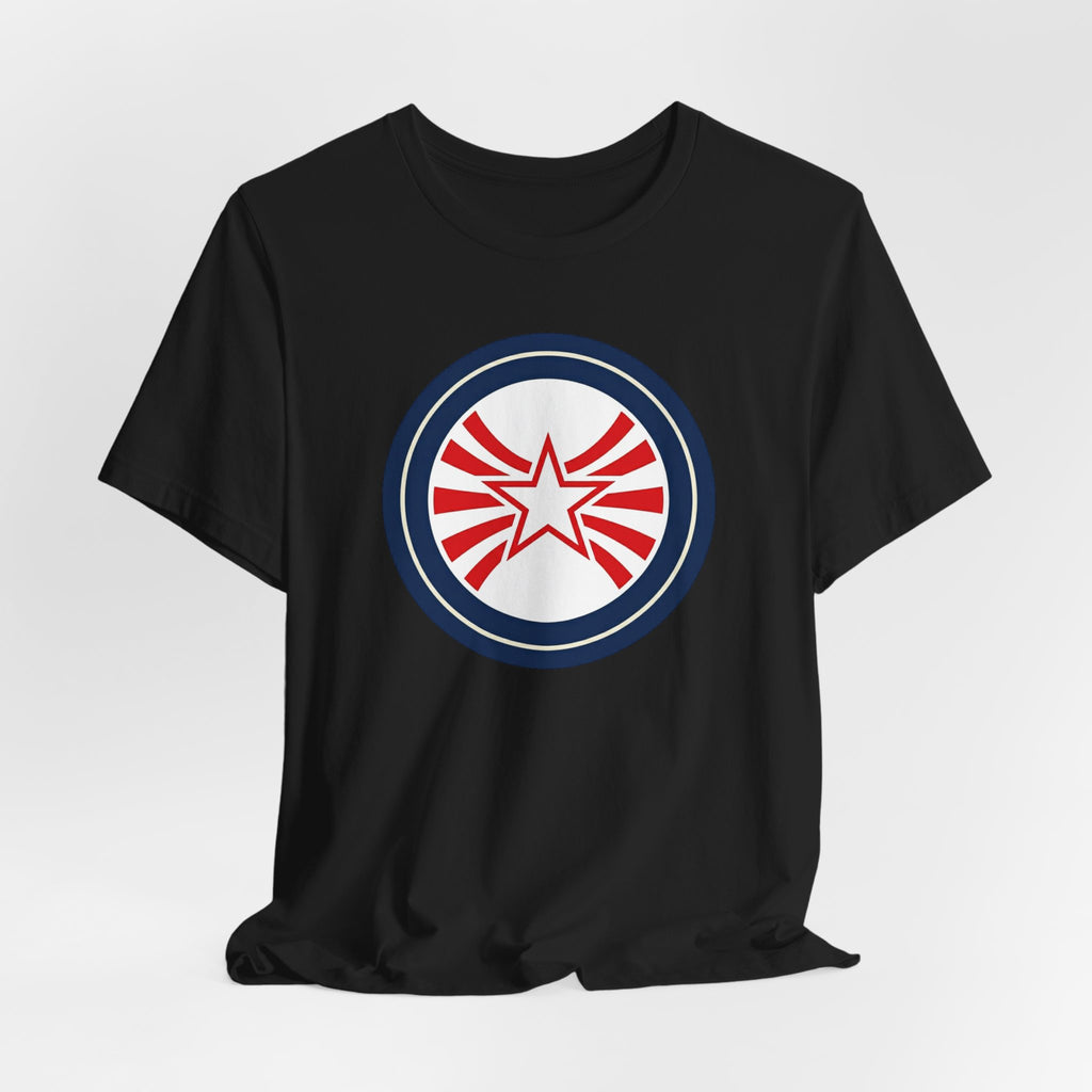 Patriotic Starburst Tee — Red, White & Blue Round Emblem T-Shirt