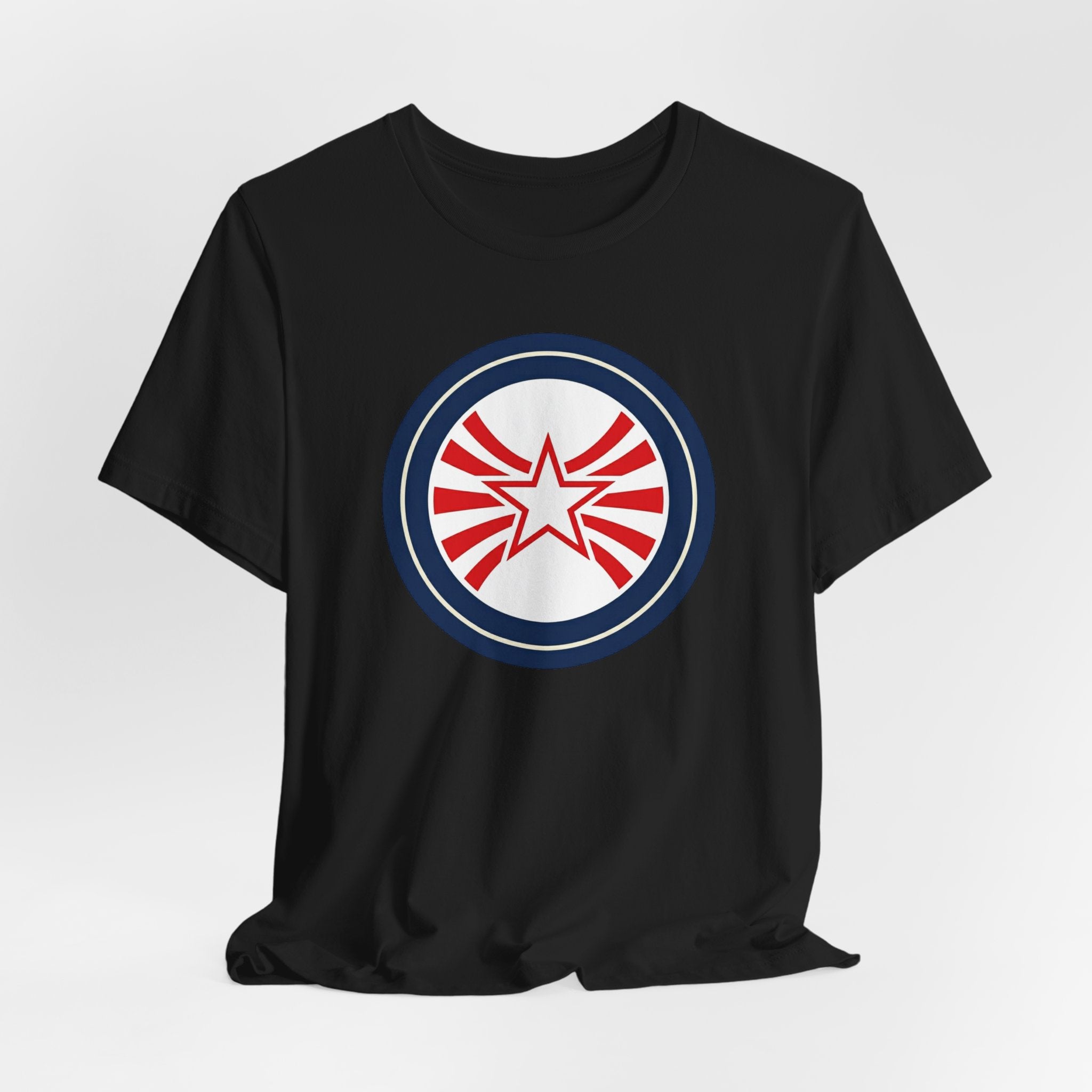 Patriotic Starburst Tee — Red, White & Blue Round Emblem T-Shirt