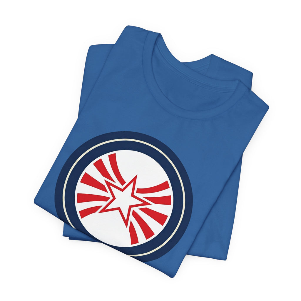 Patriotic Starburst Tee — Red, White & Blue Round Emblem T-Shirt
