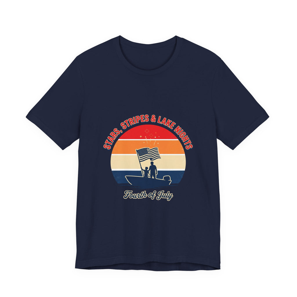 Vintage Fourth of July shirt featuring sunset graphic and flag silhouette on navy background.