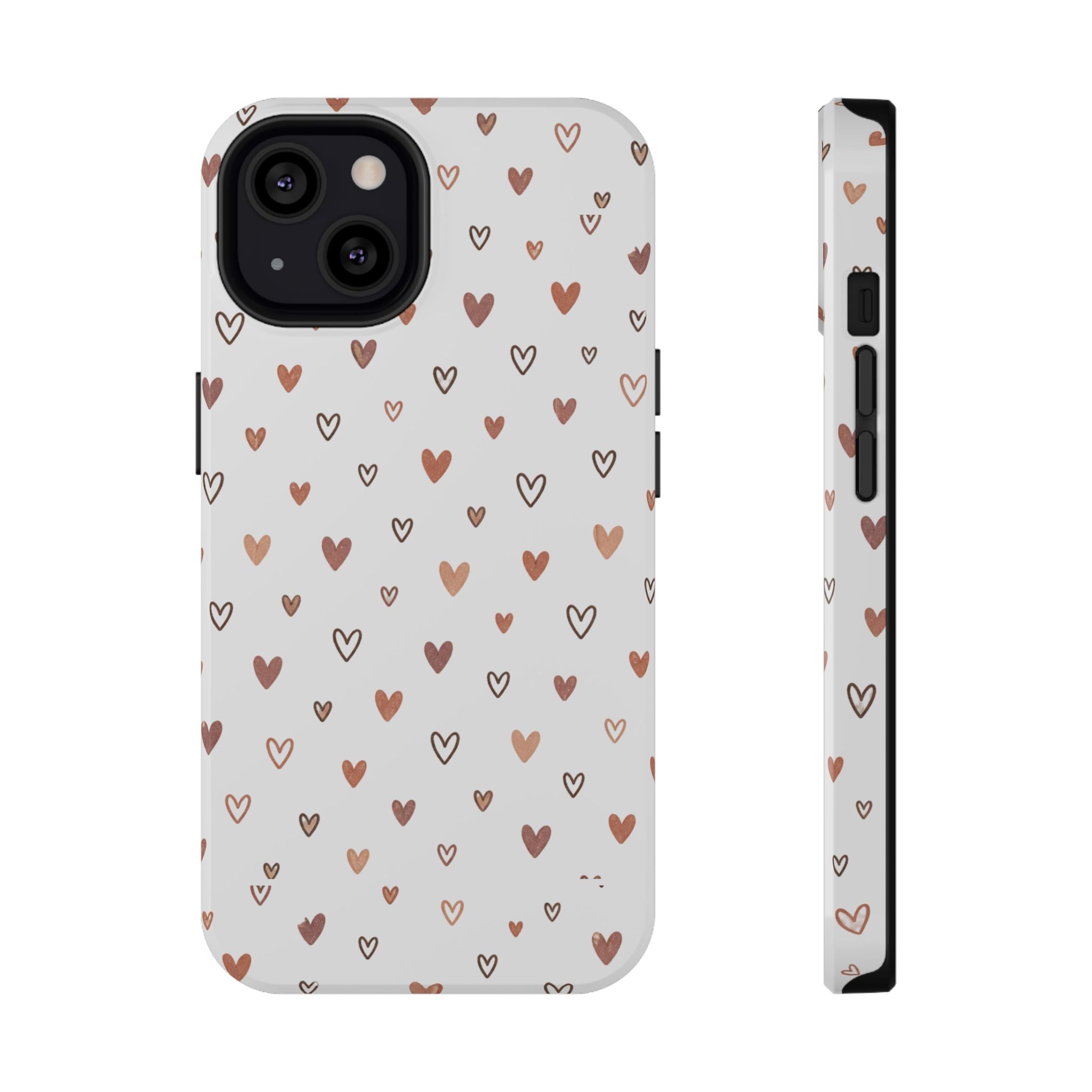 Heart Doodle Impact-Resistant Phone Case featuring cute neutral tiny hearts design in warm tones.