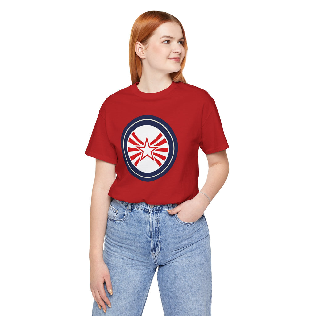 Patriotic Starburst Tee — Red, White & Blue Round Emblem T-Shirt