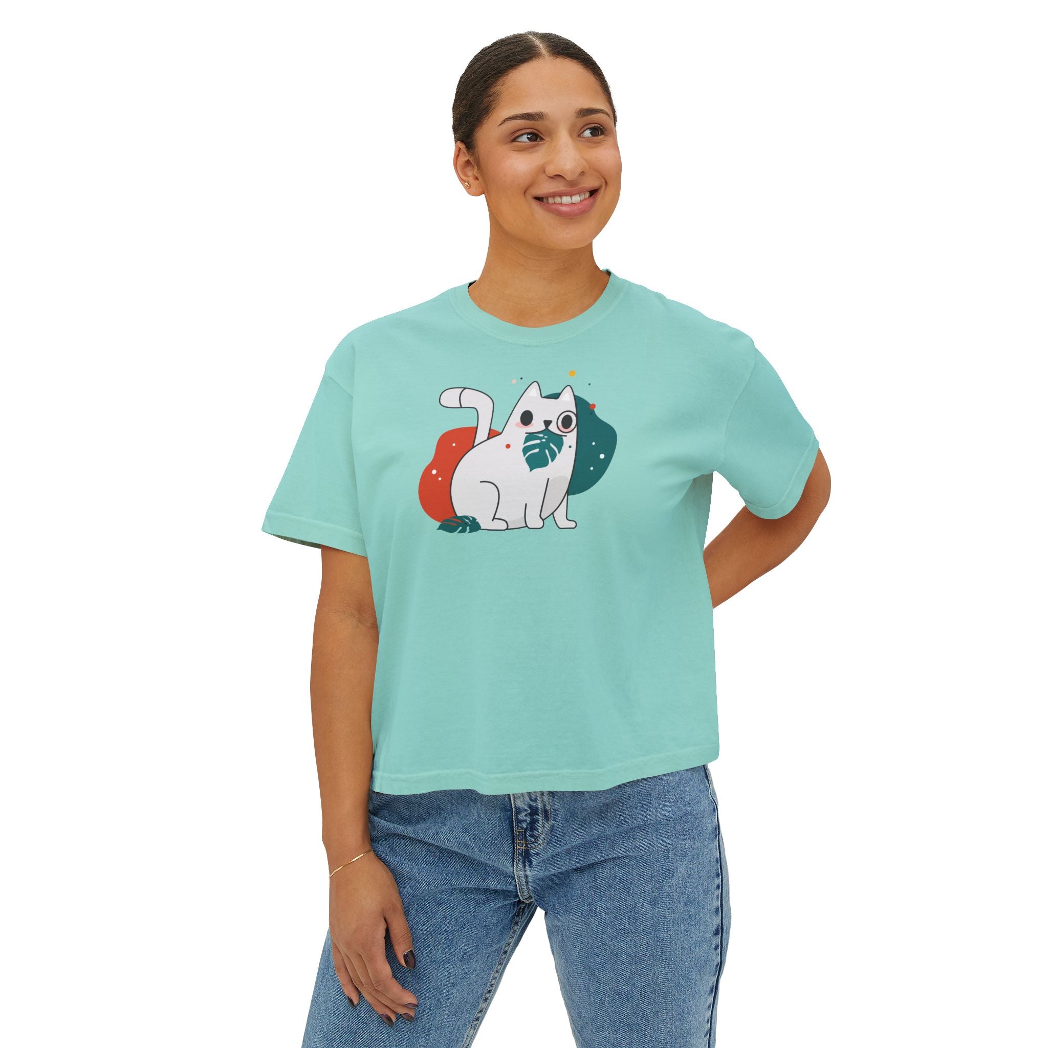 Cute Cosmic Cat Boxy Tee — Women's Graphic T-Shirt