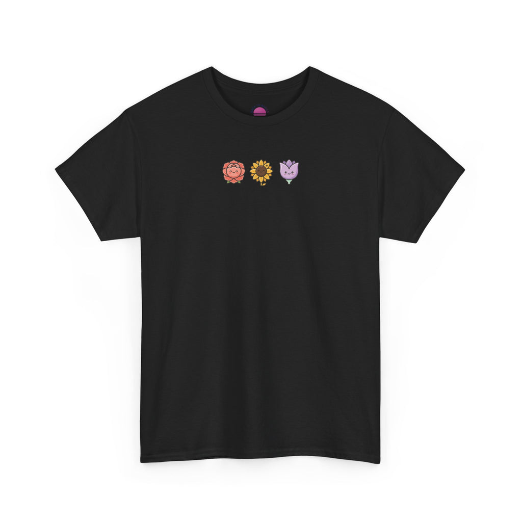 Flower Trio Tee — Cute Mini Floral Lion, Sunflower & Heart Plants Graphic T-Shirt
