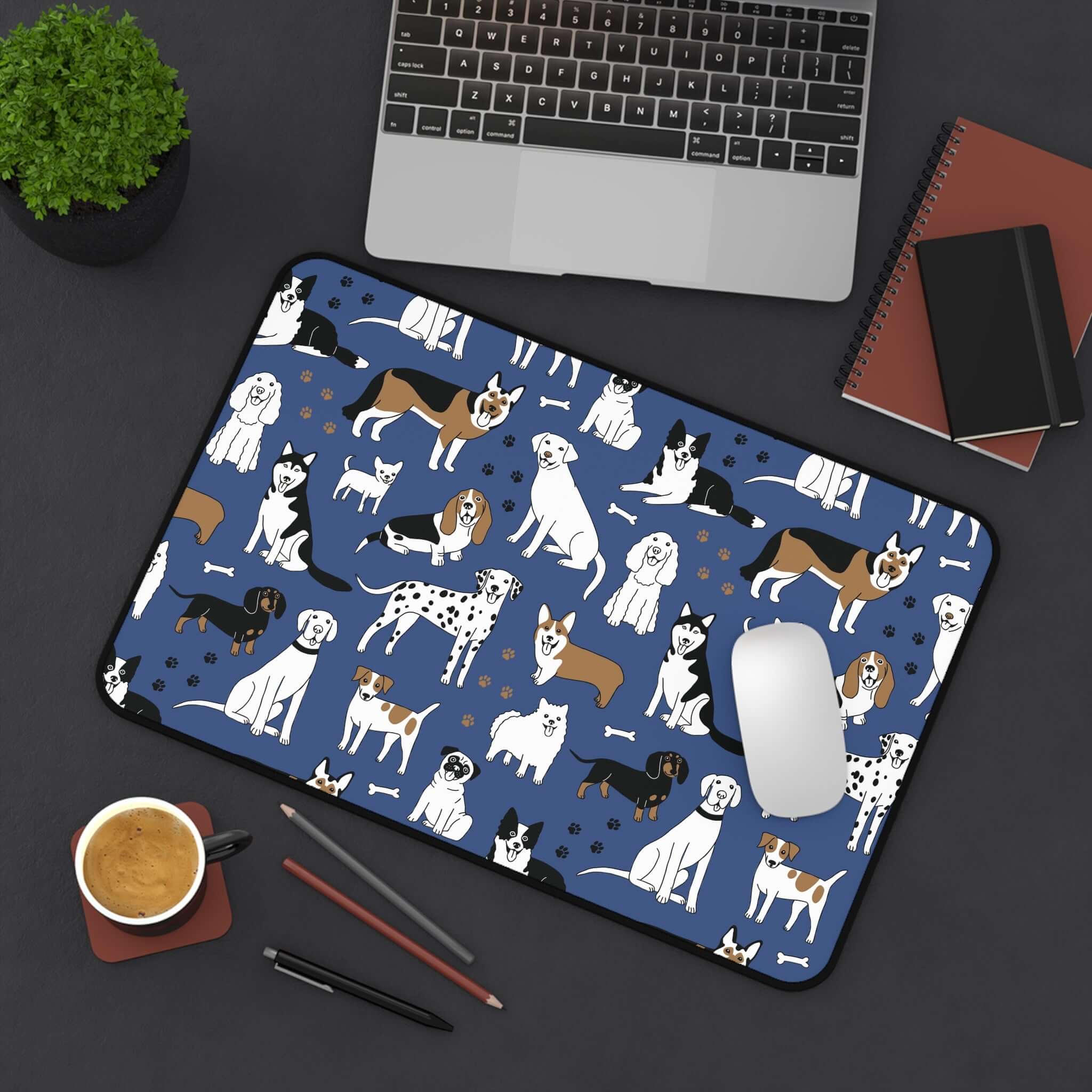 Dog Pattern Desk Mat — Blue Cute Puppy Desk Pad for Pet Lovers