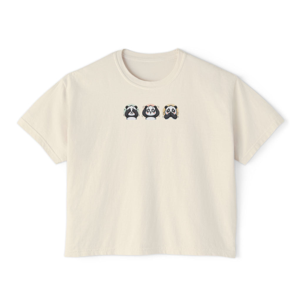 Cute panda graphic t-shirt featuring three playful pandas on the chest of a boxy tee.