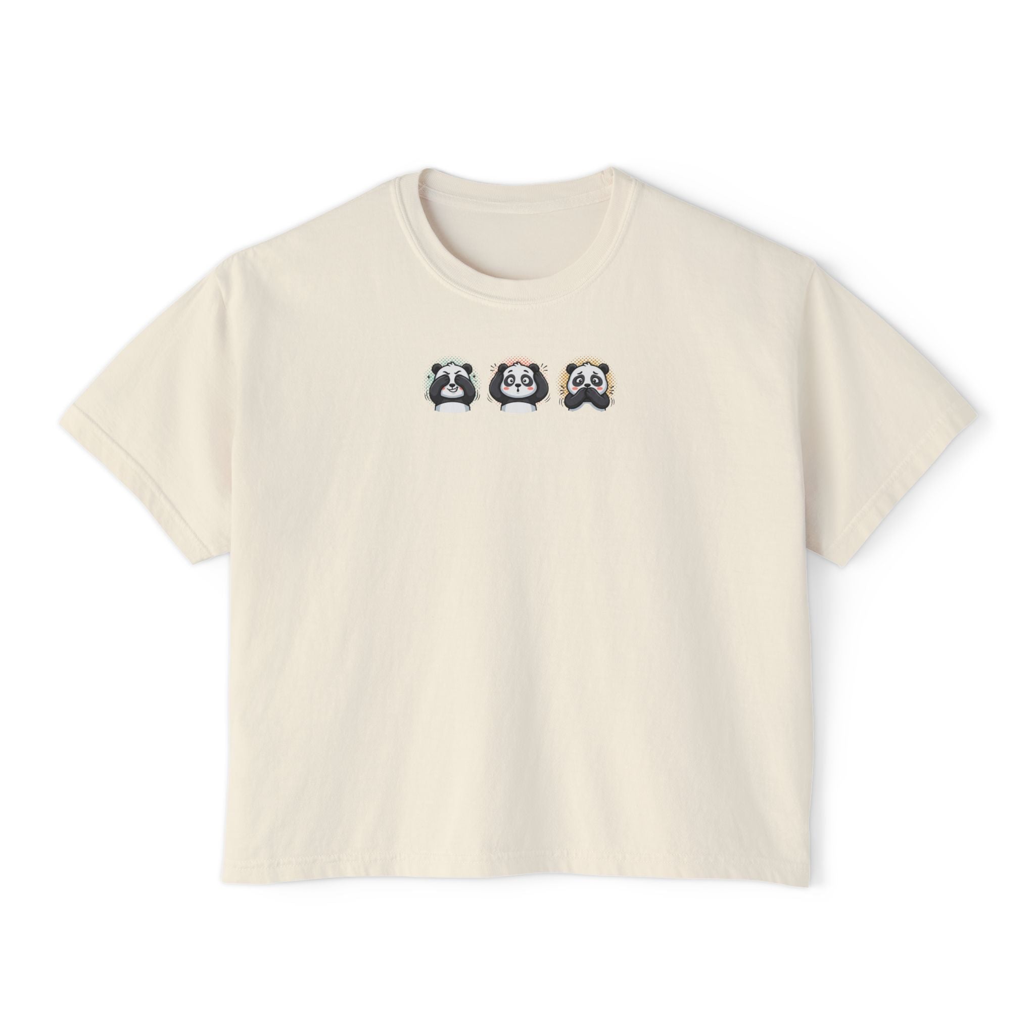 Cute panda graphic t-shirt featuring three playful pandas on the chest of a boxy tee.