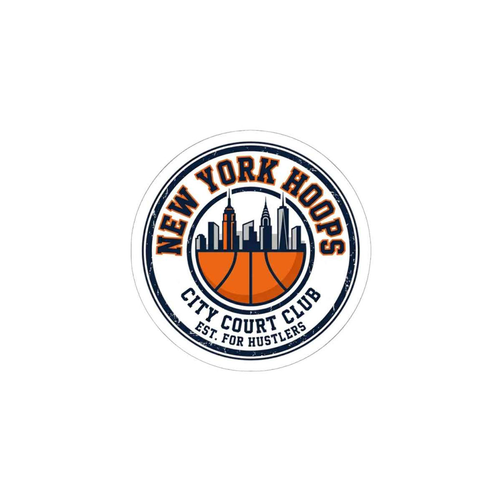 New York basketball sticker featuring retro design and skyline with basketball motif in orange and neutral colors.
