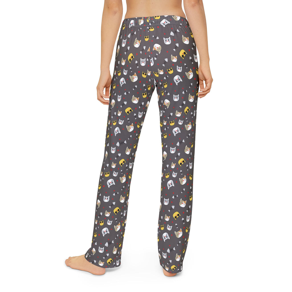 Back view of kids cat emoji lounge pants featuring playful cat patterns on a gray background.