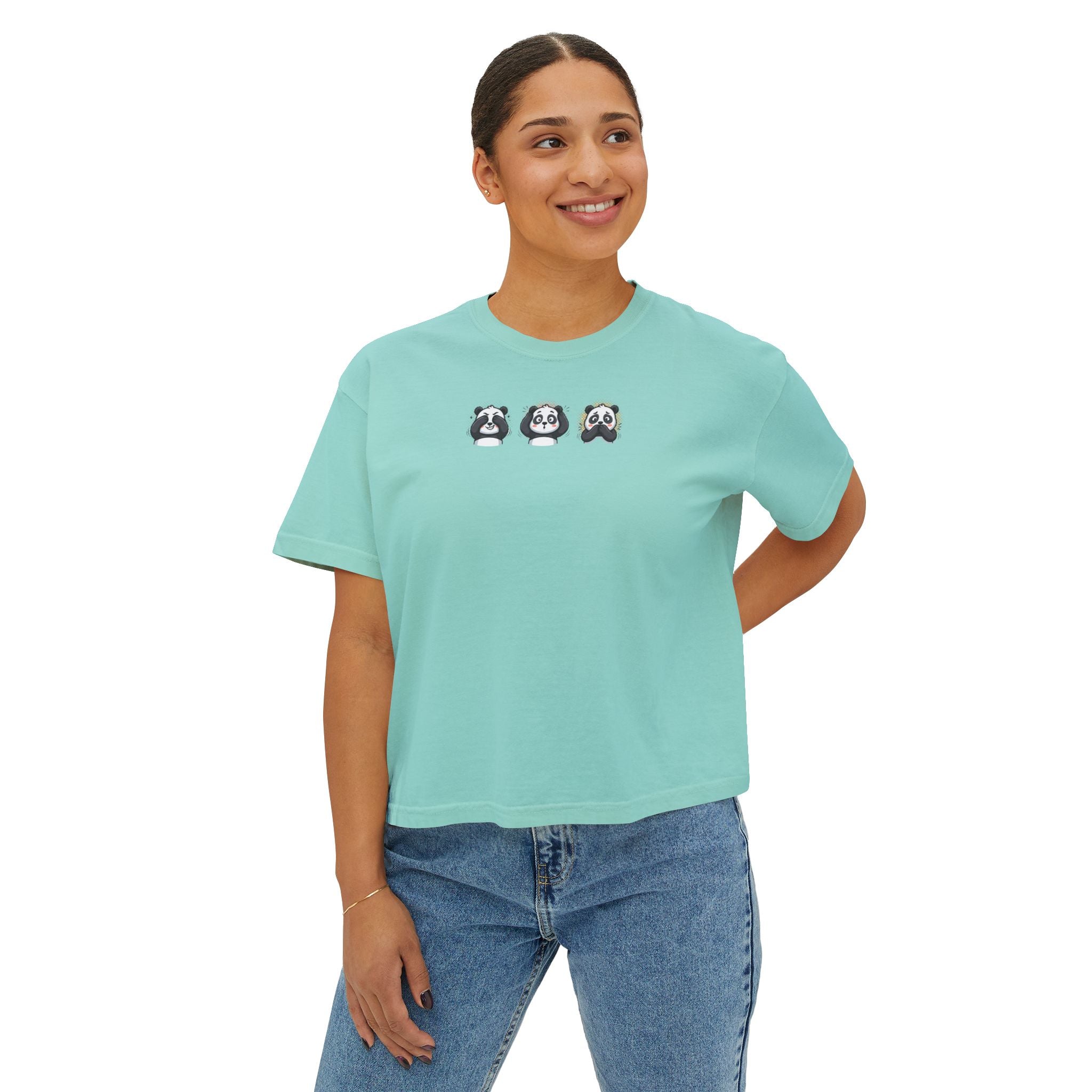 Panda Trio Boxy Tee — Women's Cute Panda Graphic T-Shirt