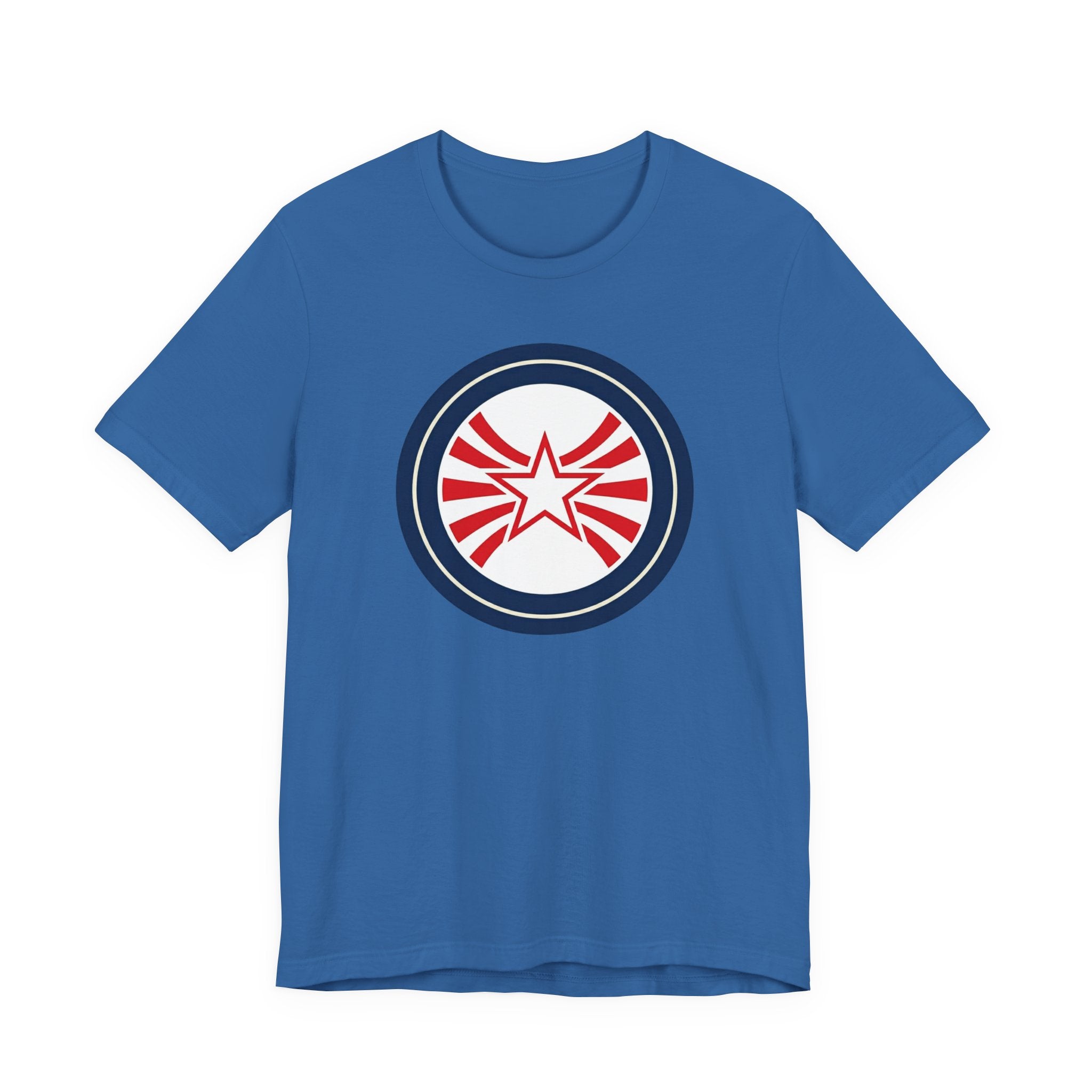 Patriotic Starburst Tee — Red, White & Blue Round Emblem T-Shirt