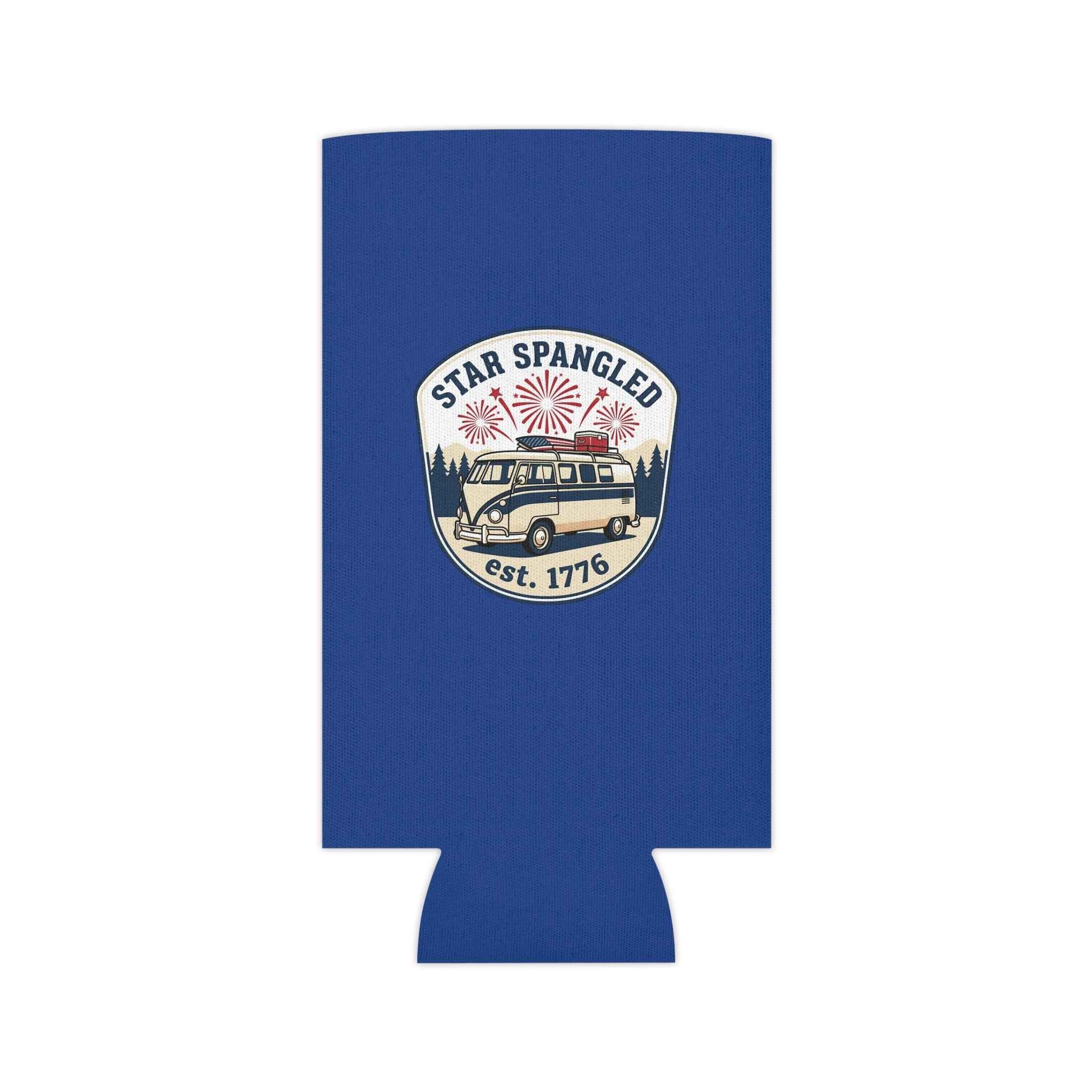 Star Spangled Van Can koozie featuring patriotic design, perfect for a patriotic beer cooler.