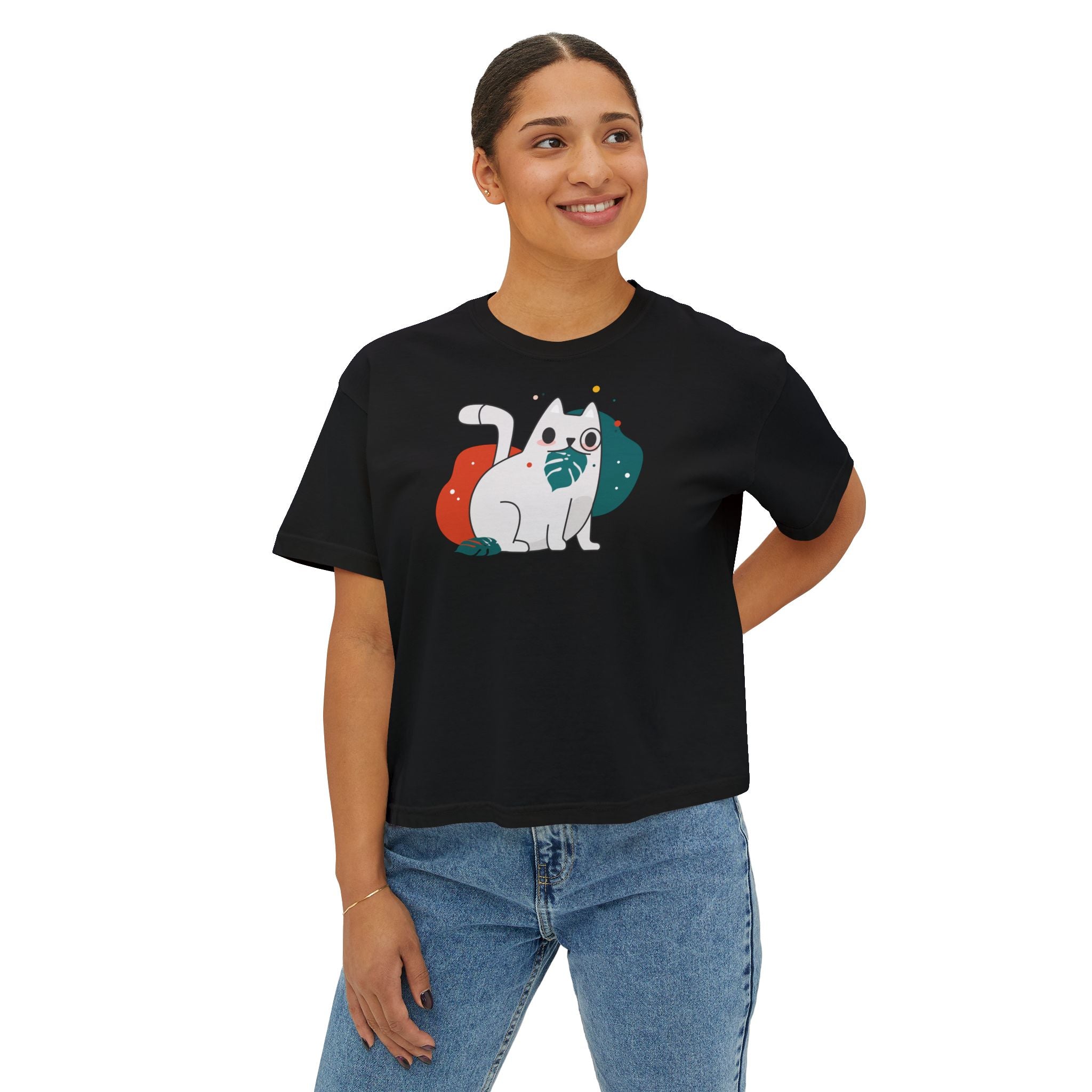 Cute Cosmic Cat Boxy Tee — Women's Graphic T-Shirt