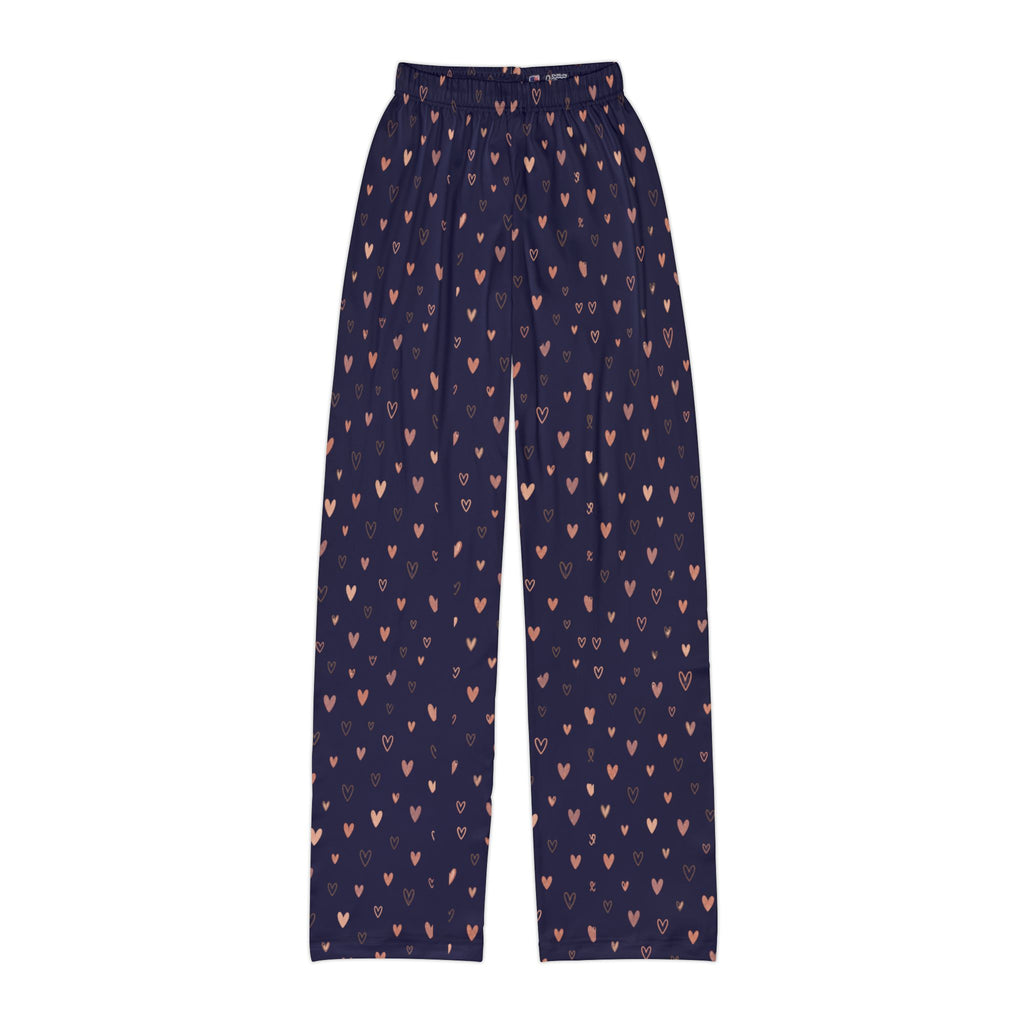 navy heart print kids lounge pants featuring a scattered heart motif on a cozy fabric surface.