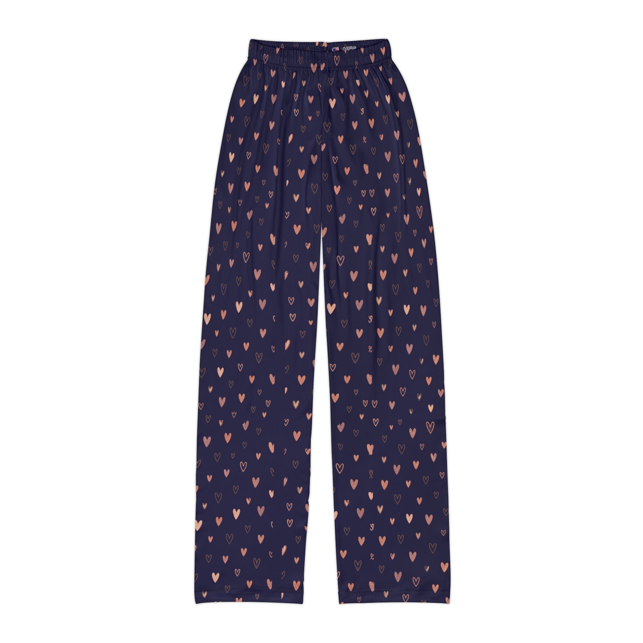 navy heart print kids lounge pants featuring a scattered heart motif on a cozy fabric surface.