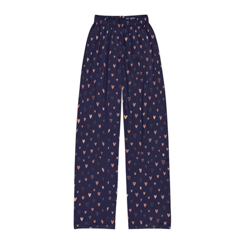navy heart print kids lounge pants featuring a scattered heart motif on a cozy fabric surface.