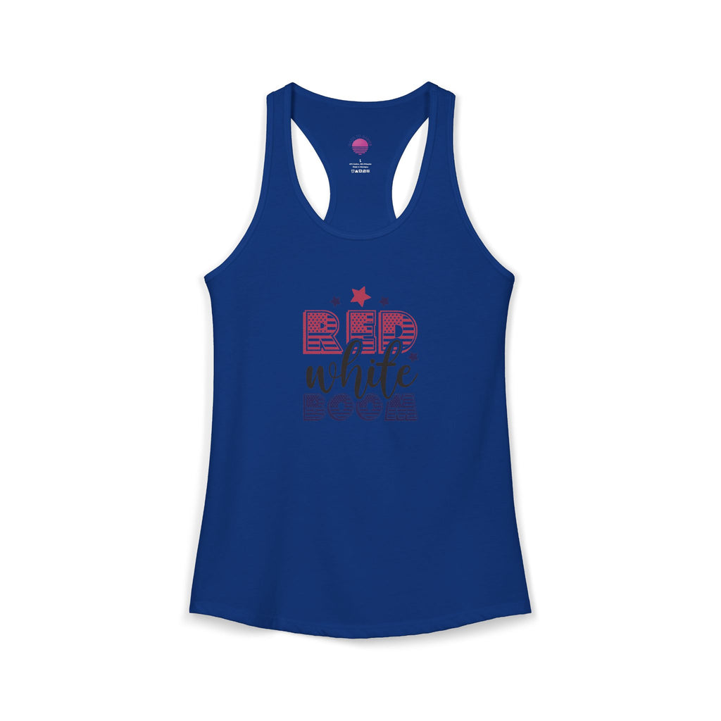 Women's lightweight racerback tank top in blue with red, white, and boom design for summer activities.