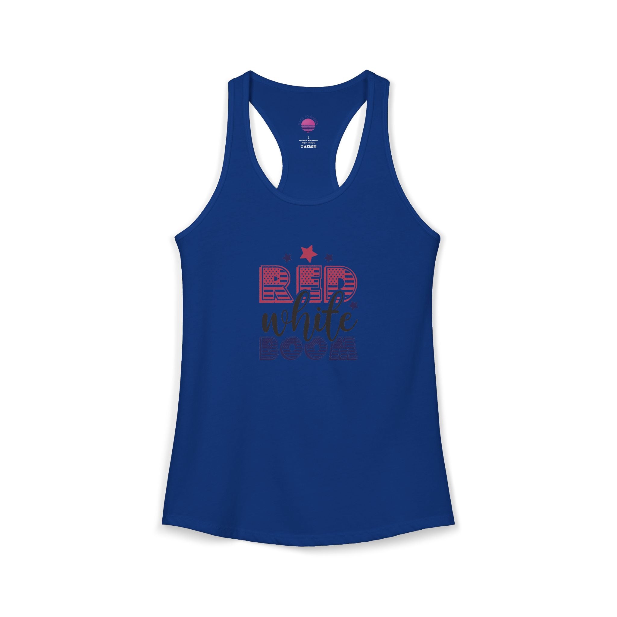 Women's lightweight racerback tank top in blue with red, white, and boom design for summer activities.
