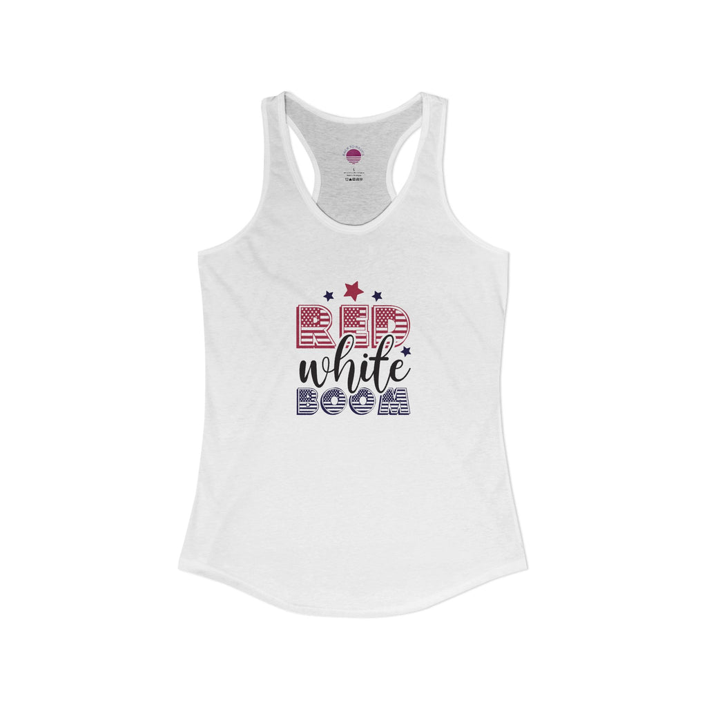 Women's lightweight racerback tank top in white with 'Red, White, and Boom!' graphic design.
