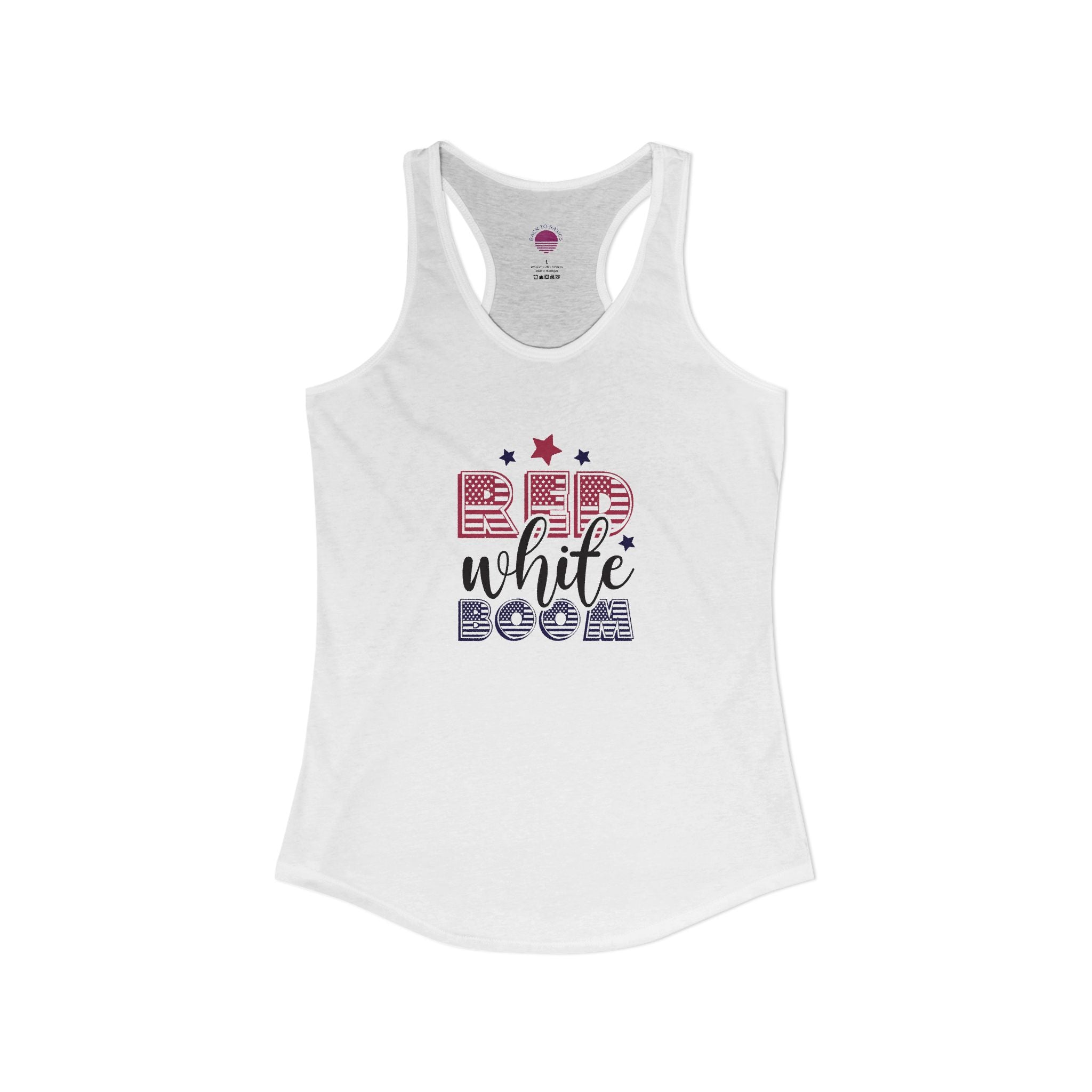 Women's lightweight racerback tank top in white with 'Red, White, and Boom!' graphic design.
