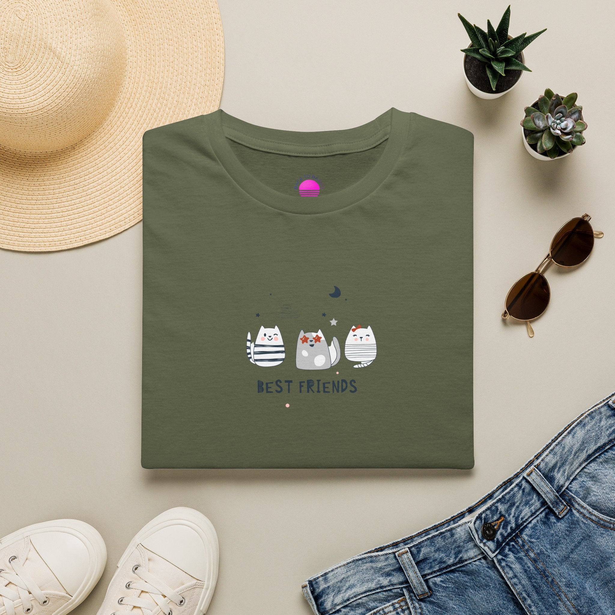 Cat Best Friends T-Shirt laid flat, featuring cute cat design with the text 'BEST FRIENDS' on olive green fabric.