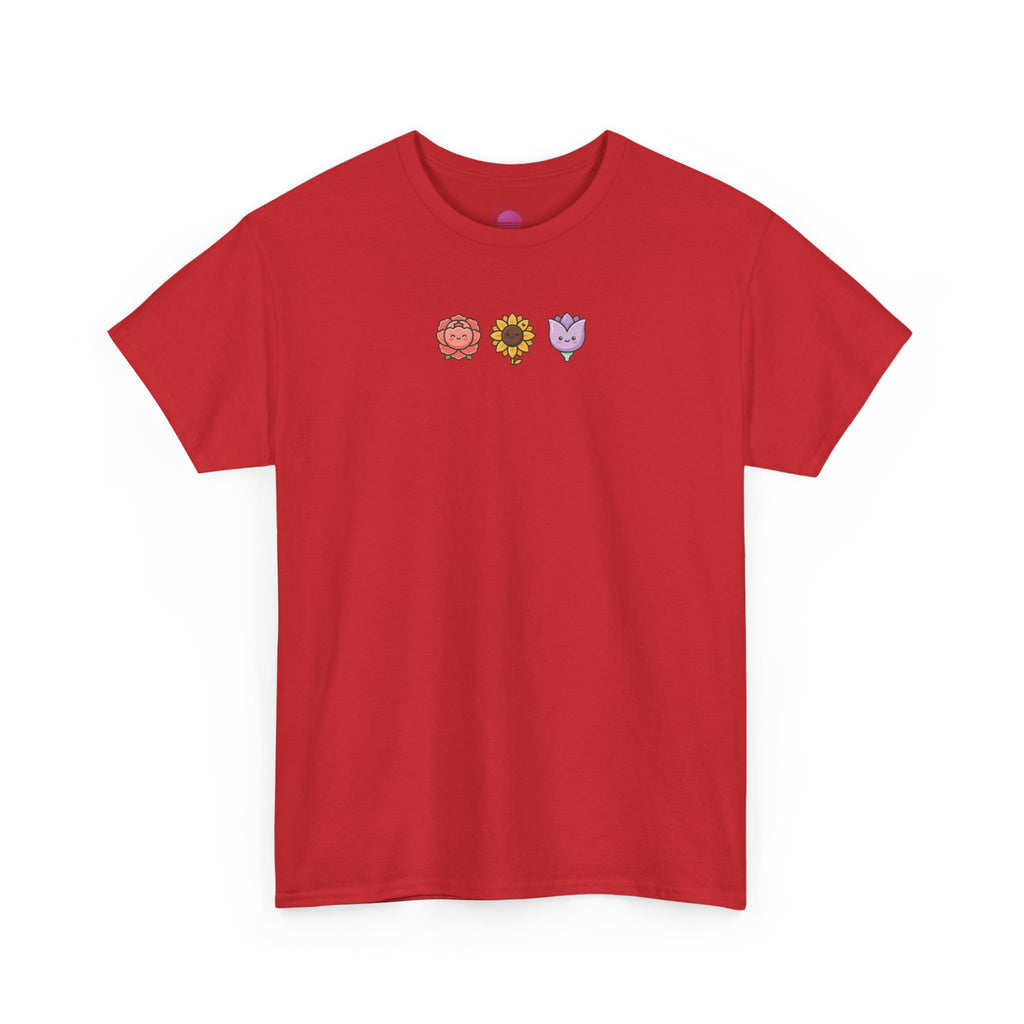 Flower Trio Tee — Cute Mini Floral Lion, Sunflower & Heart Plants Graphic T-Shirt