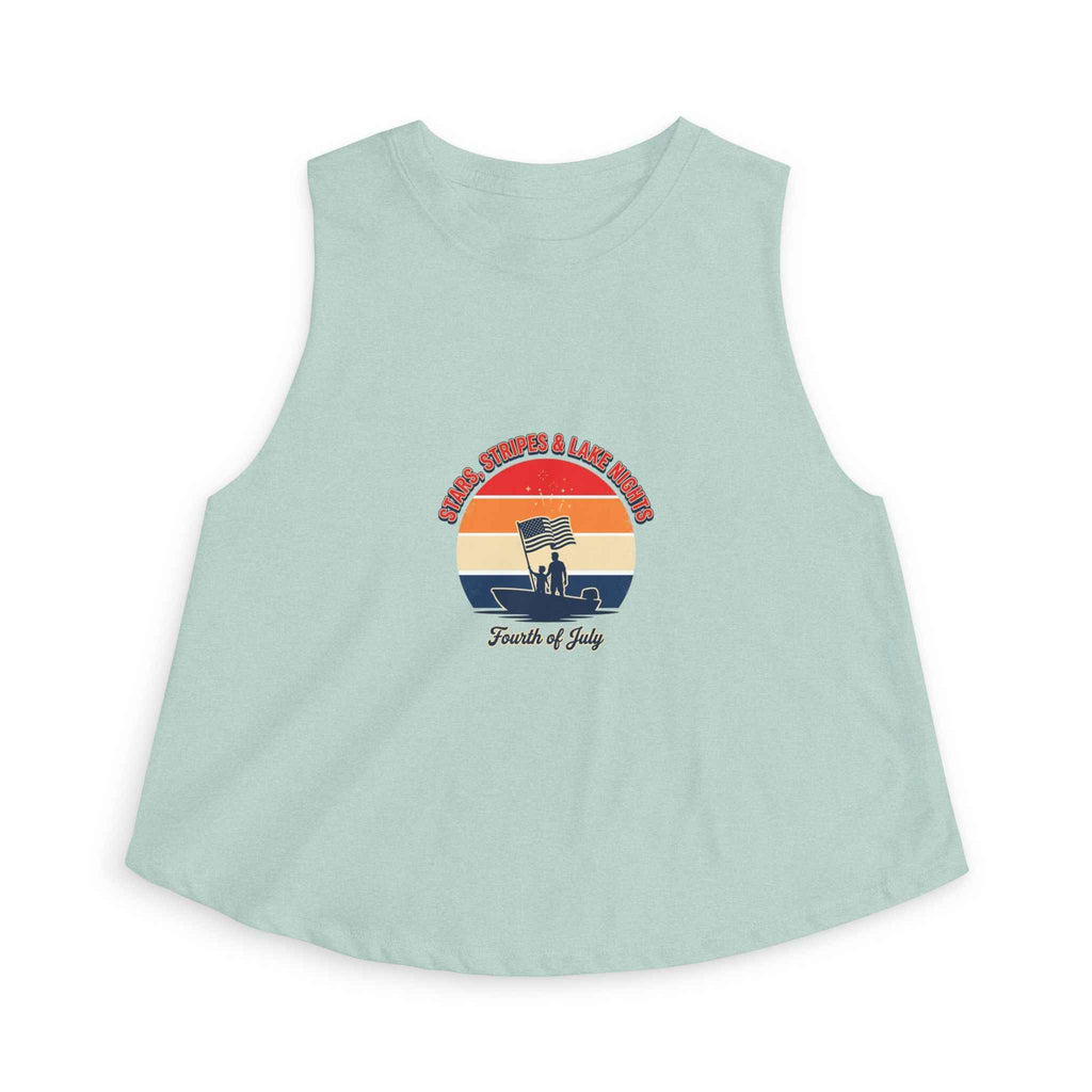 Retro Fourth of July crop top featuring a vintage sunset graphic on a light blue sleeveless tank.