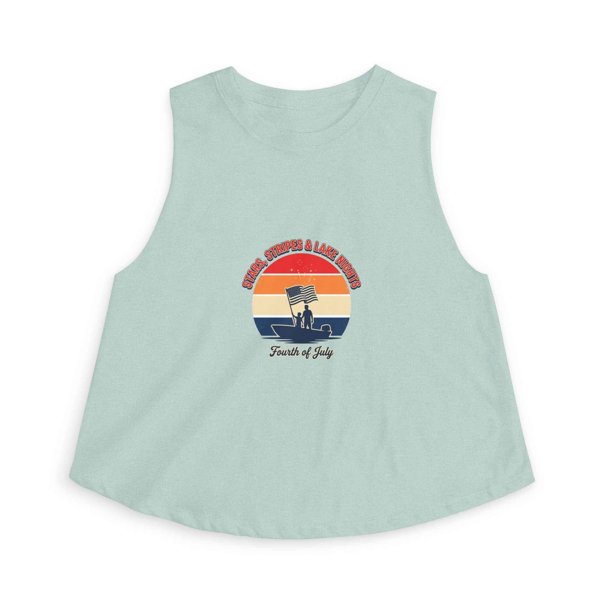 Retro Fourth of July crop top featuring a vintage sunset graphic on a light blue sleeveless tank.