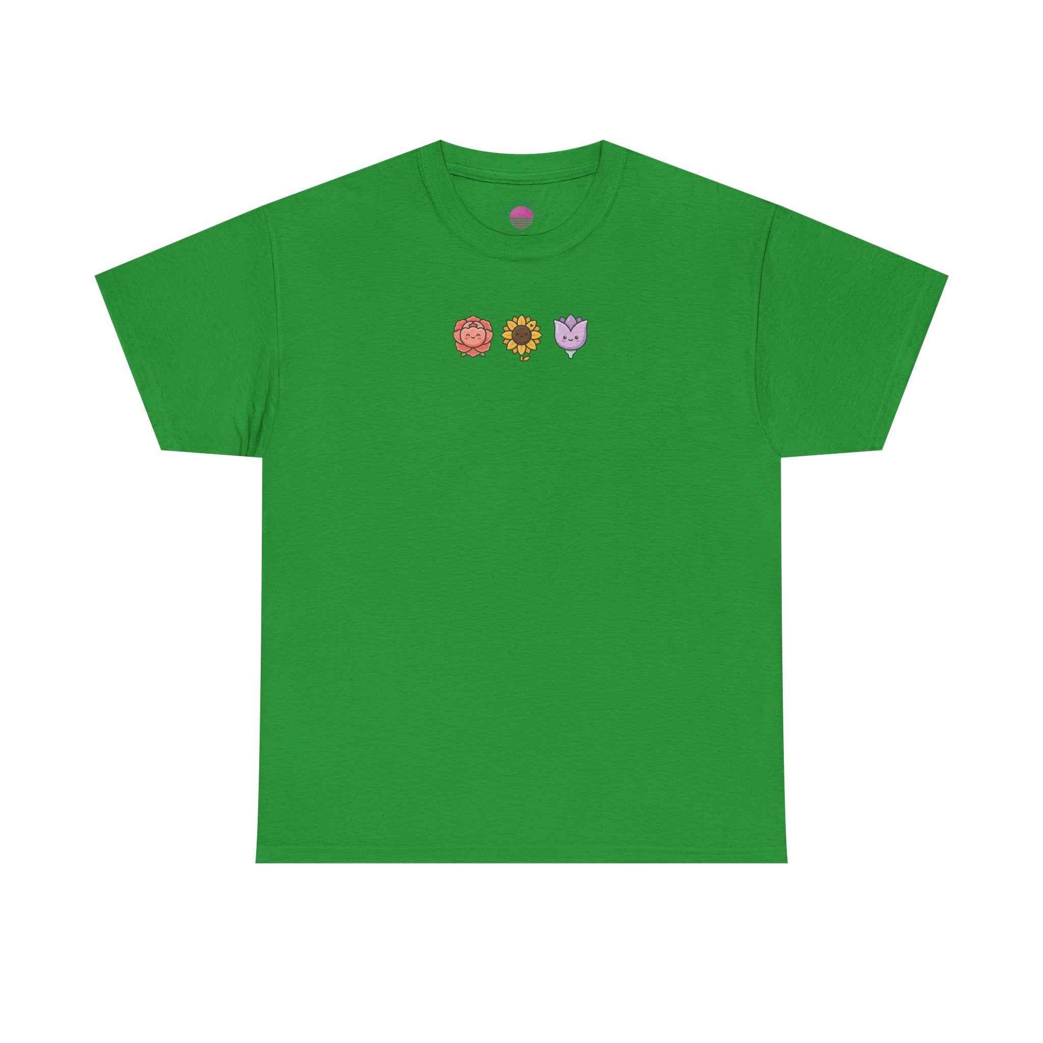 Floral graphic t-shirt featuring floral lion, sunflower, and heart plant designs on a green background.