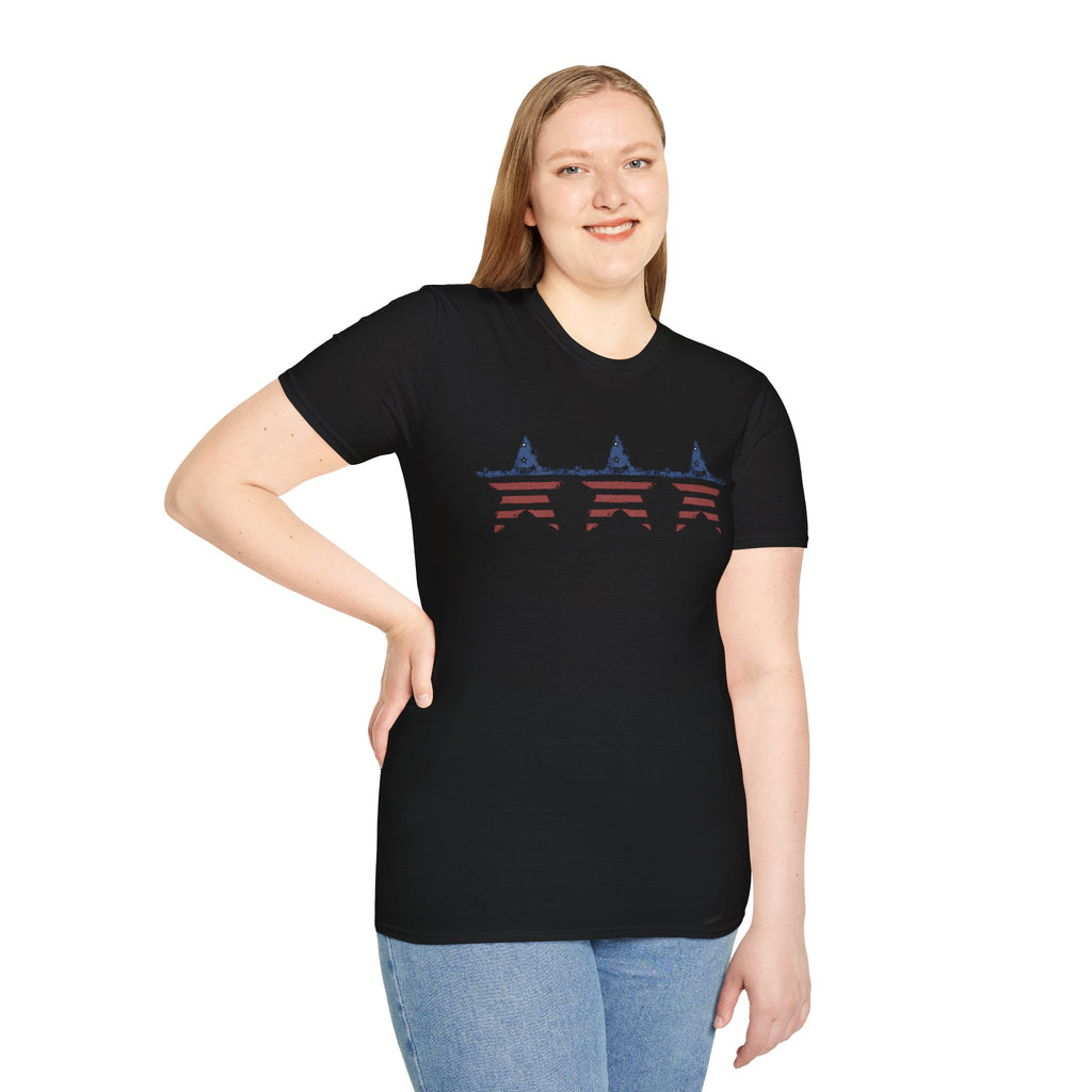 Model wearing a stars and stripes patriotic t-shirt with an American flag design across the chest.