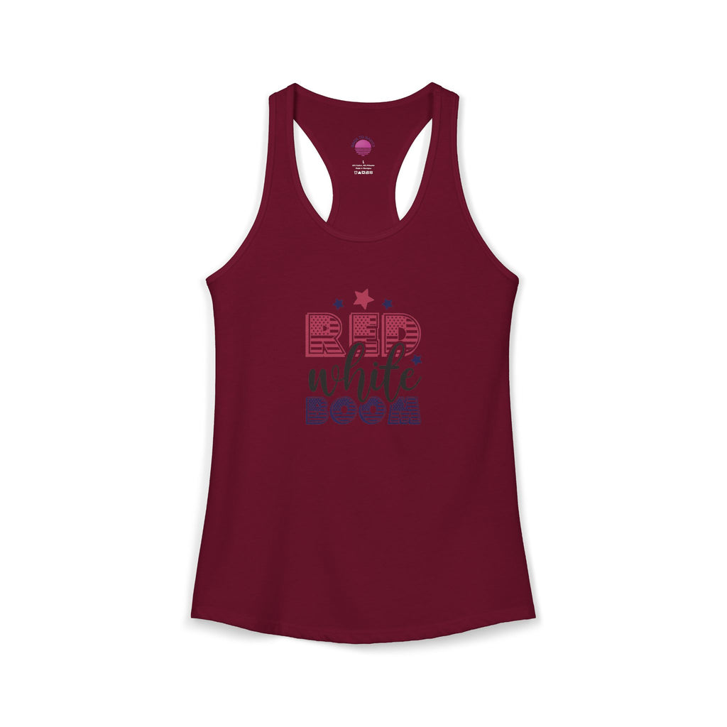Women's lightweight racerback tank top in burgundy featuring "Red, White, and Boom!" design.