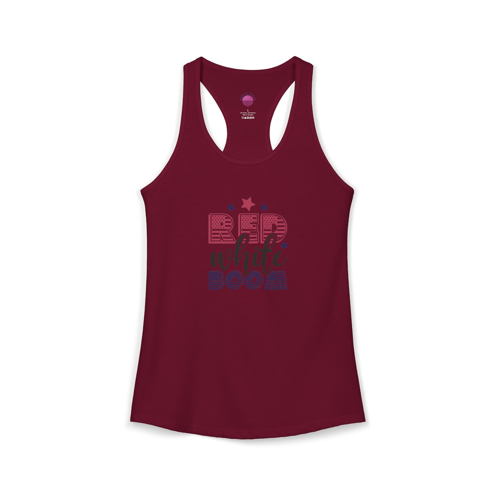 Women's lightweight racerback tank top in burgundy featuring "Red, White, and Boom!" design.