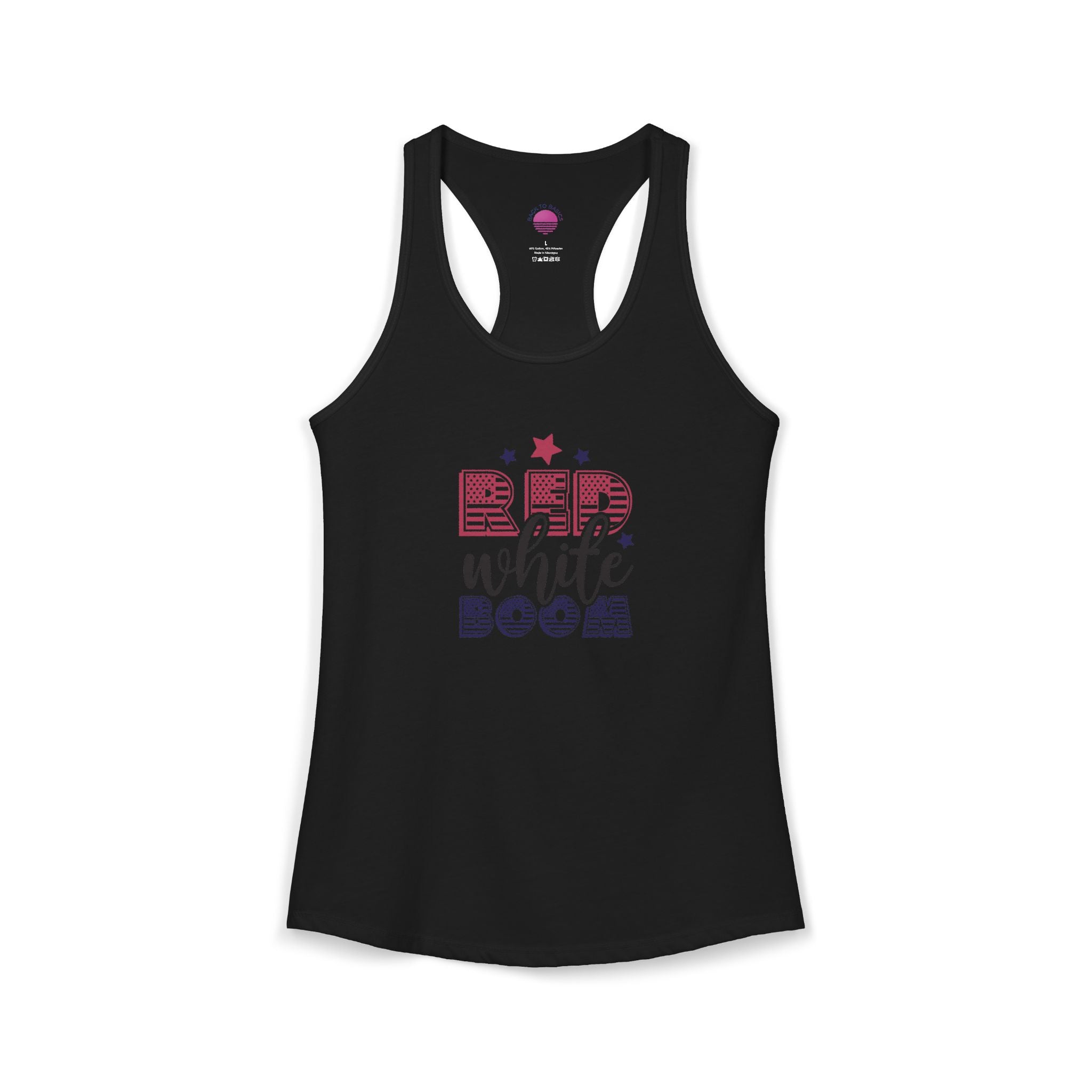 Women's lightweight racerback tank top in black featuring 'Red, White, and Boom!' design, perfect for summer activities.