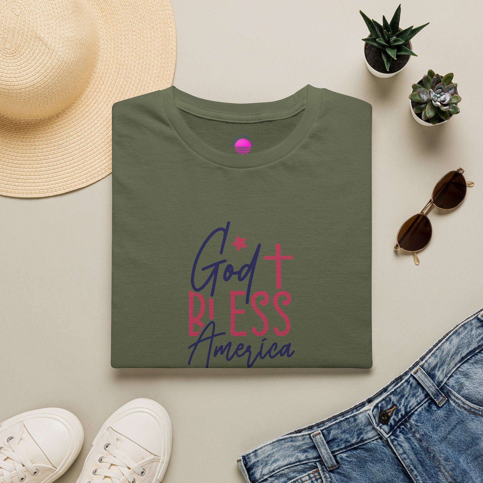 God Bless America Patriotic Christian T-Shirt featuring a subtle cross design on a soft cotton fabric.