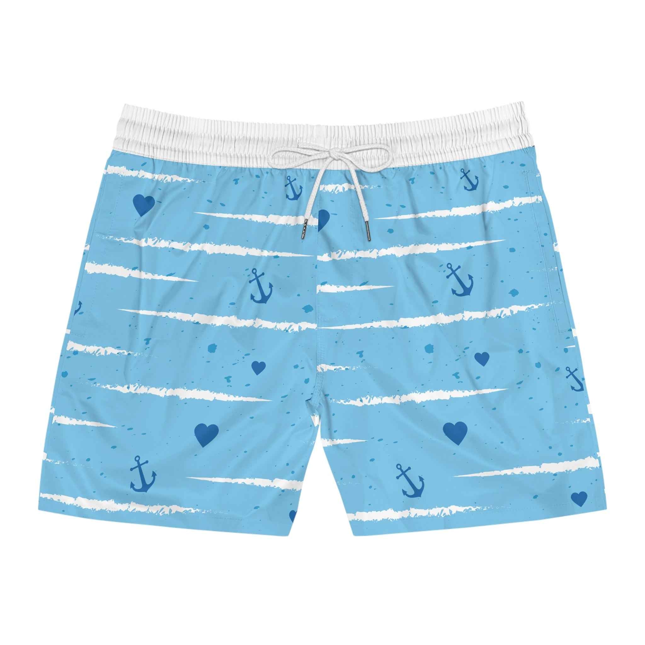 Nautical Anchor Blue Swim Shorts — Men's Mid-Length Swim Trunks