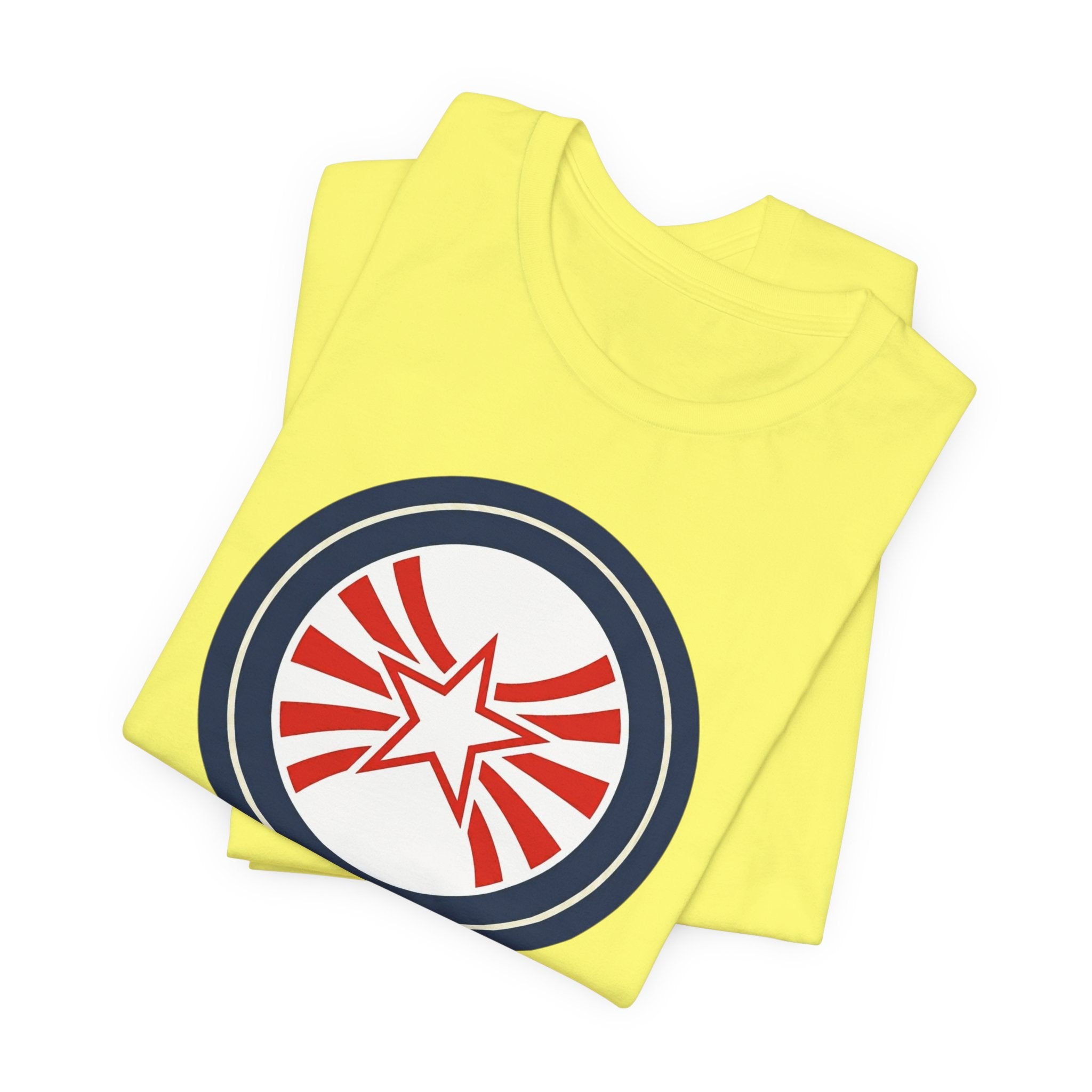 Patriotic Starburst Tee — Red, White & Blue Round Emblem T-Shirt