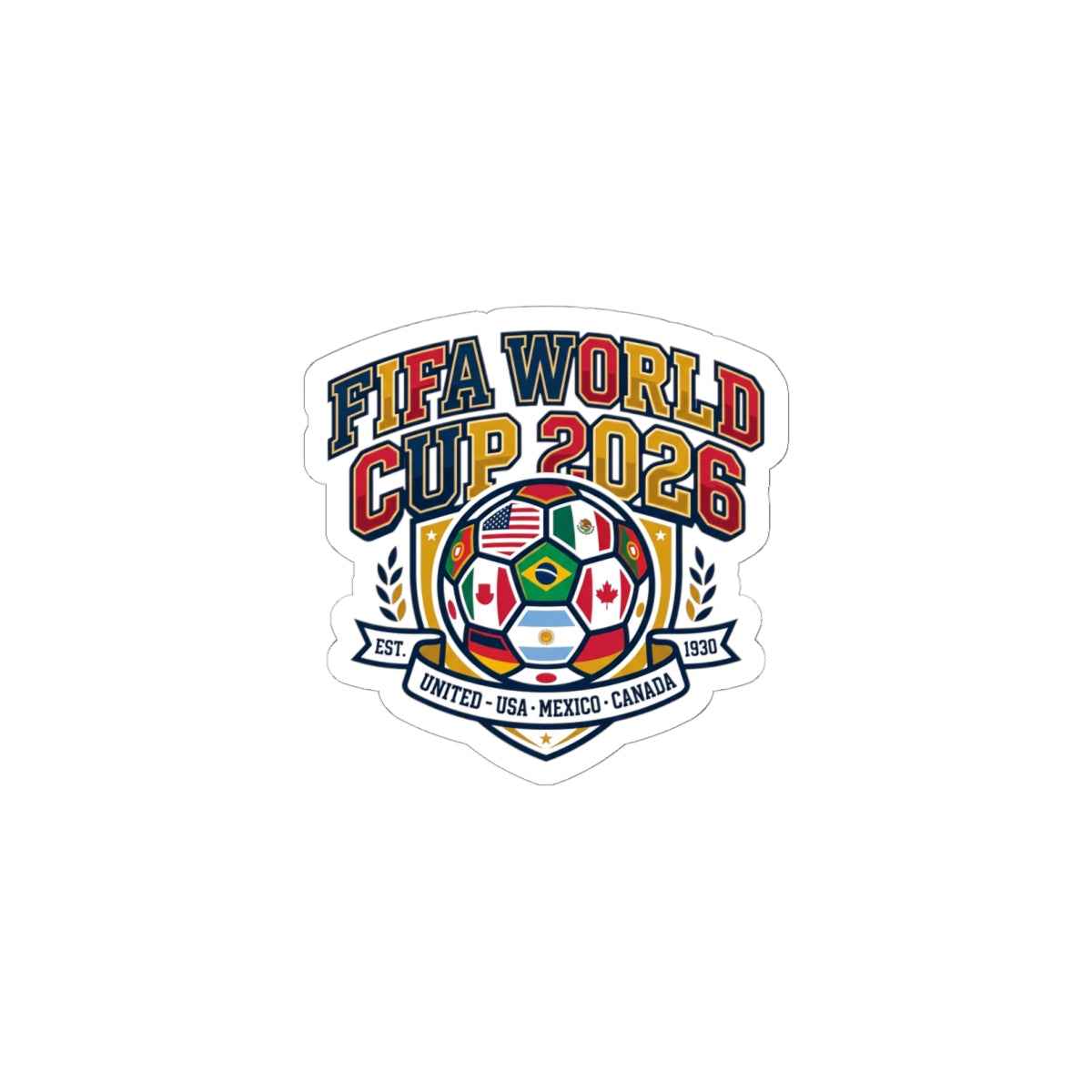 World Cup 2026 soccer sticker featuring a colorful badge with flags and soccer ball design.