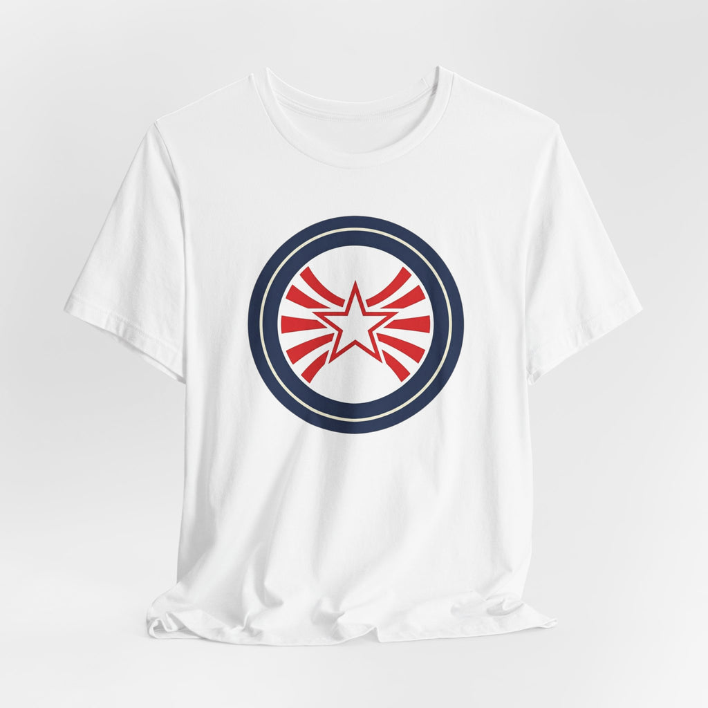 Patriotic Starburst Tee — Red, White & Blue Round Emblem T-Shirt