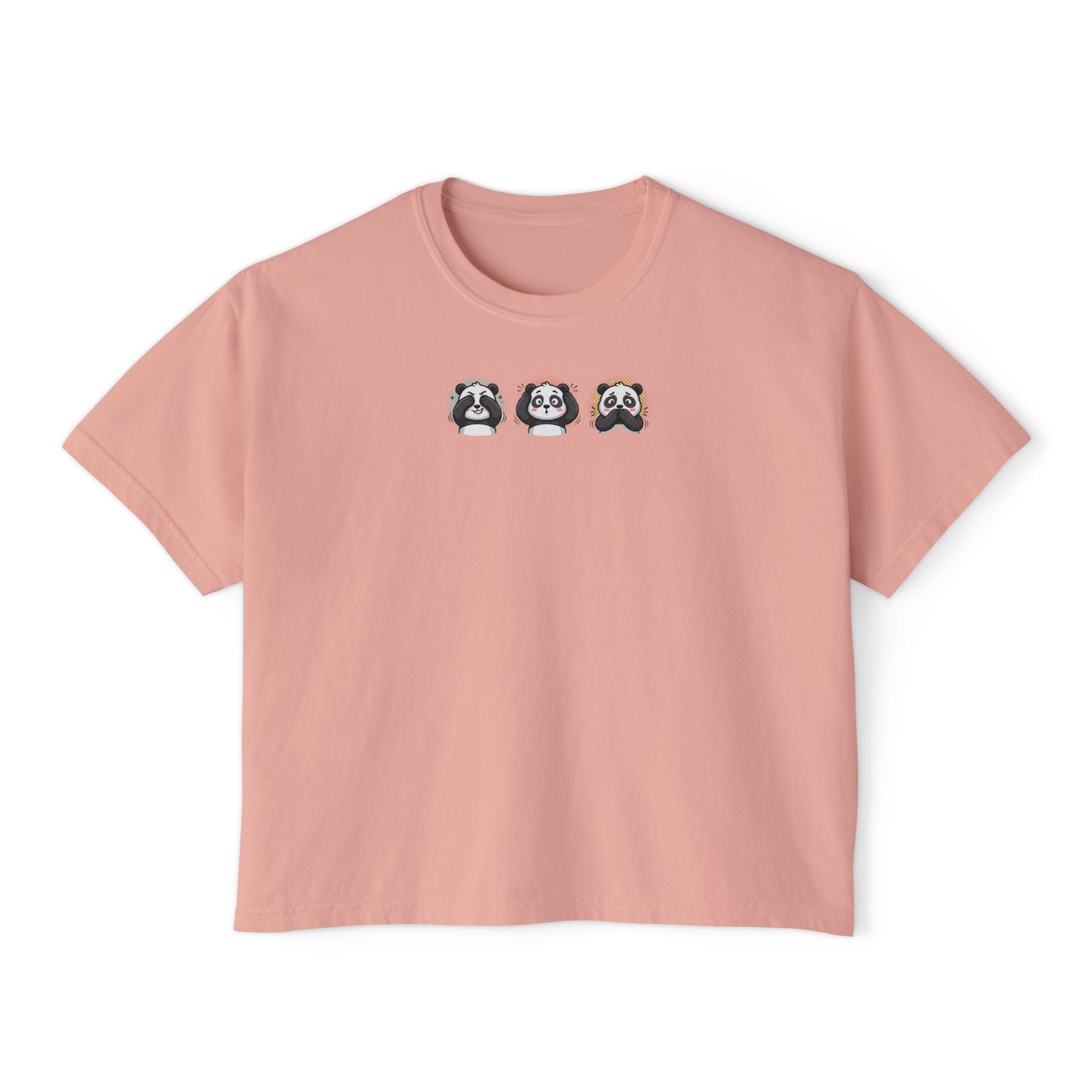 Cute panda graphic t-shirt featuring three playful panda designs on a soft pink boxy tee.