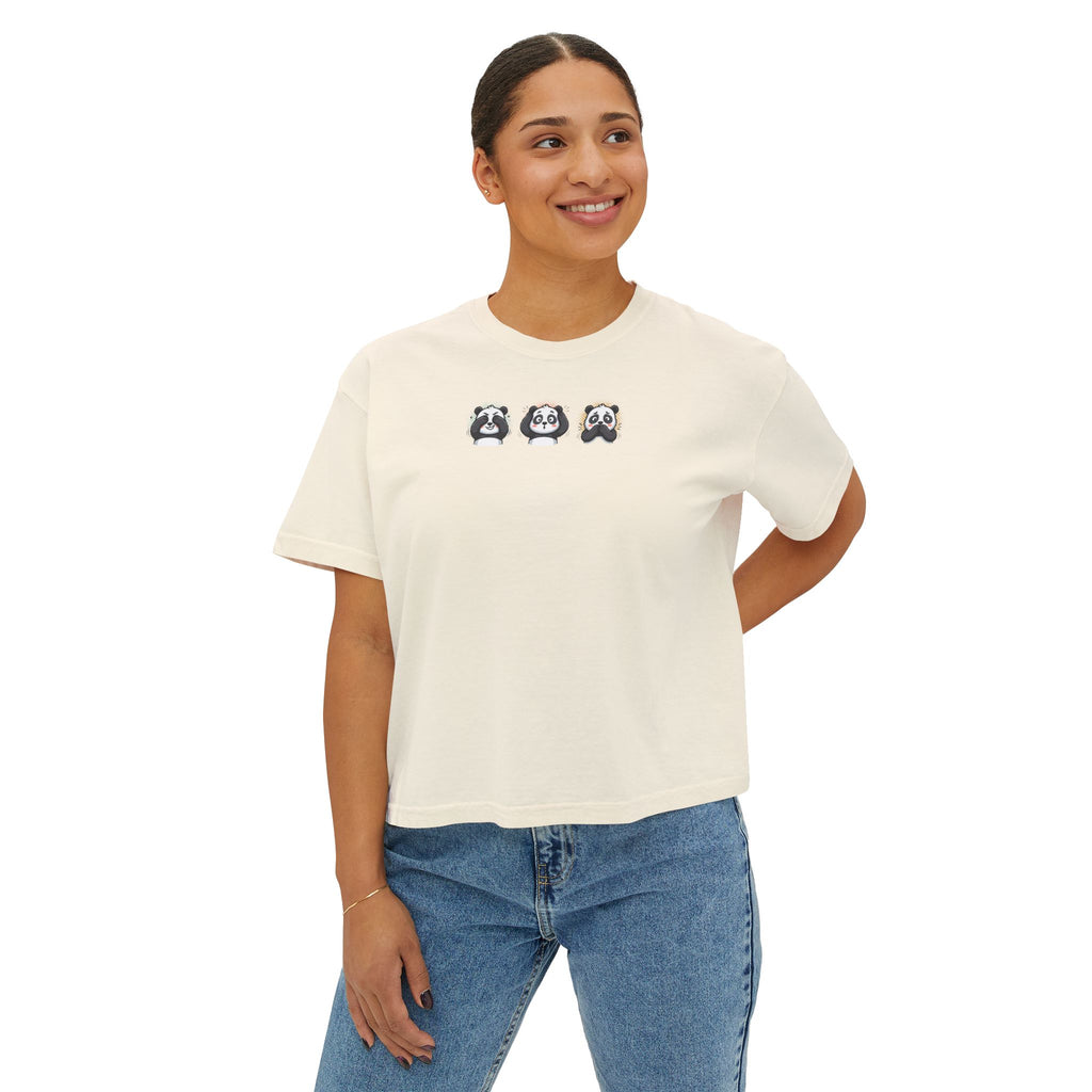 Panda Trio Boxy Tee — Women's Cute Panda Graphic T-Shirt