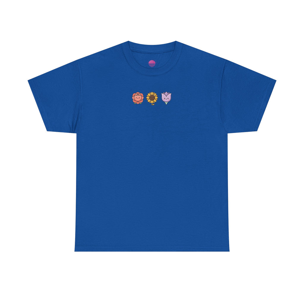 Flower Trio Tee featuring floral graphic t-shirt with mini lion, sunflower, and heart designs.