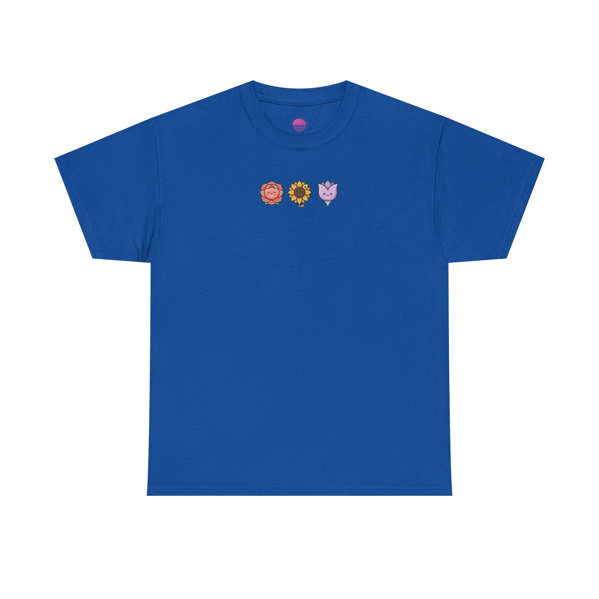 Flower Trio Tee featuring floral graphic t-shirt with mini lion, sunflower, and heart designs.
