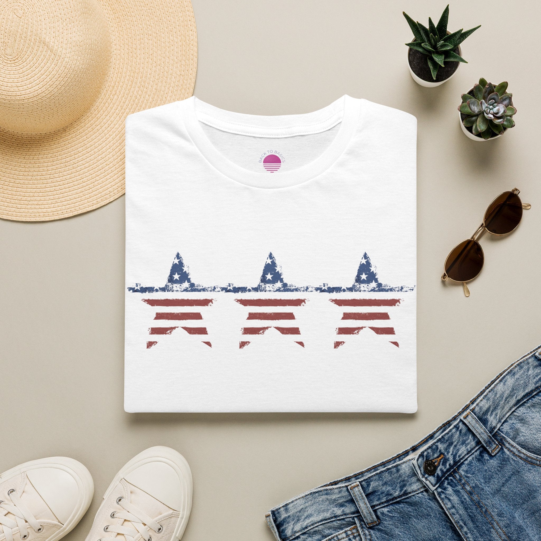 Patriotic Star Stripe T-Shirt featuring stars and stripes patriotic t-shirt design on a white background.