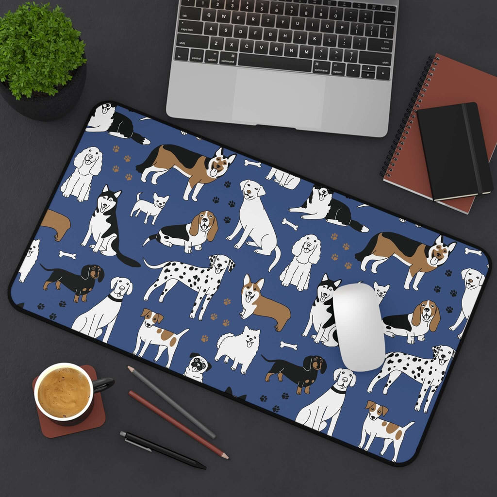 Dog Pattern Desk Mat — Blue Cute Puppy Desk Pad for Pet Lovers