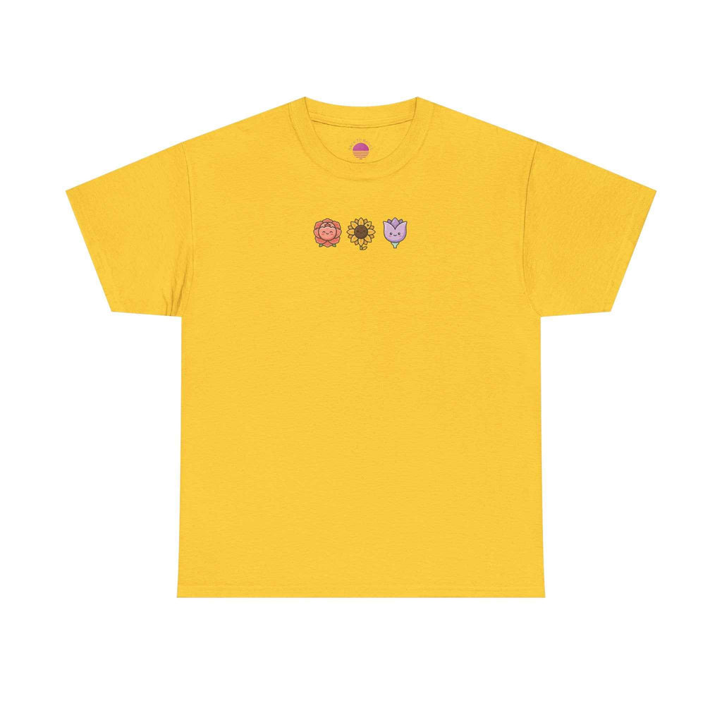 Floral graphic t-shirt featuring cute mini floral lion, sunflower, and heart plants on a yellow background.
