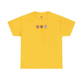 Floral graphic t-shirt featuring cute mini floral lion, sunflower, and heart plants on a yellow background.